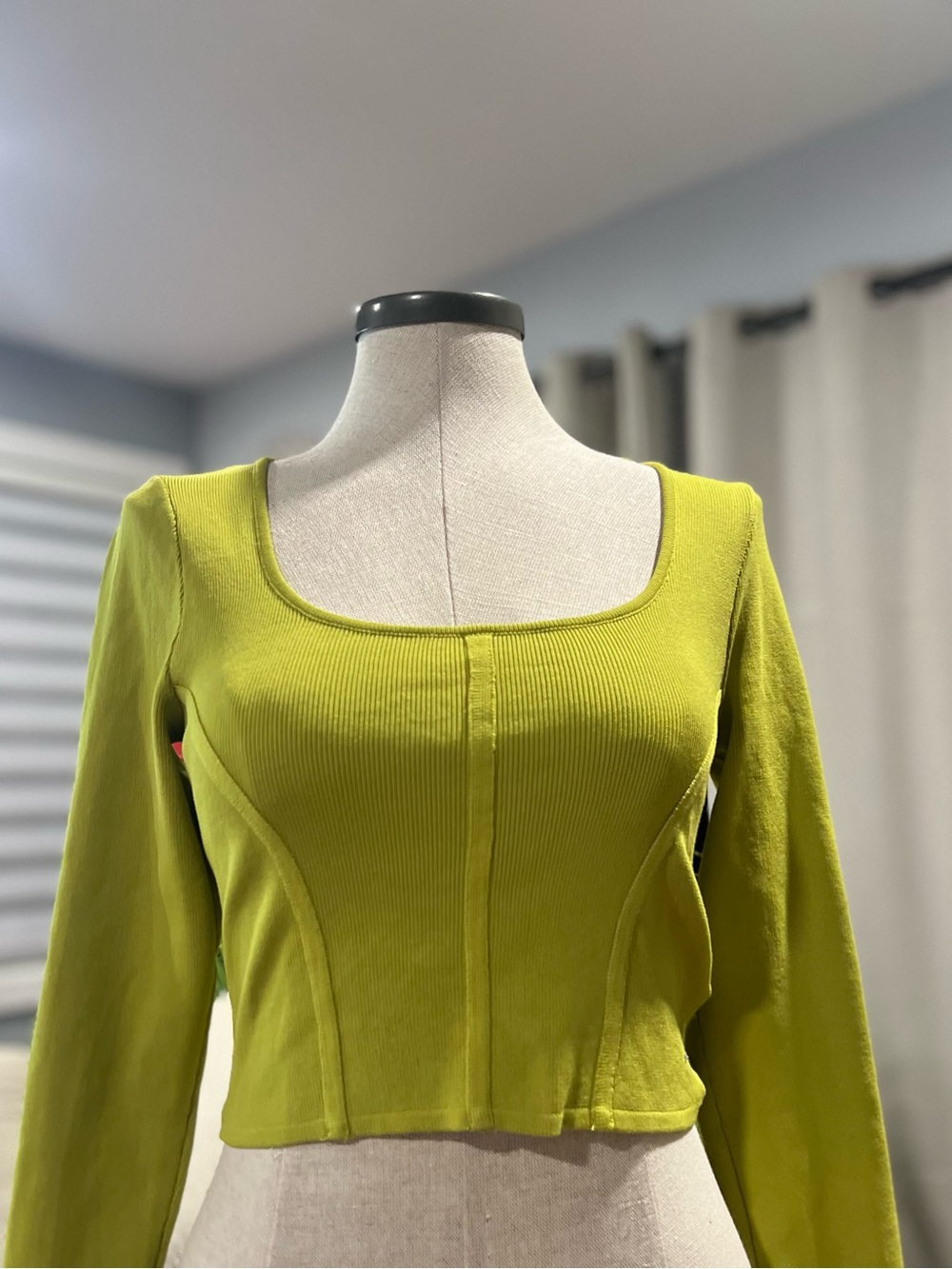 Long-Sleeve Square Neck Cropped Top in Chartreuse